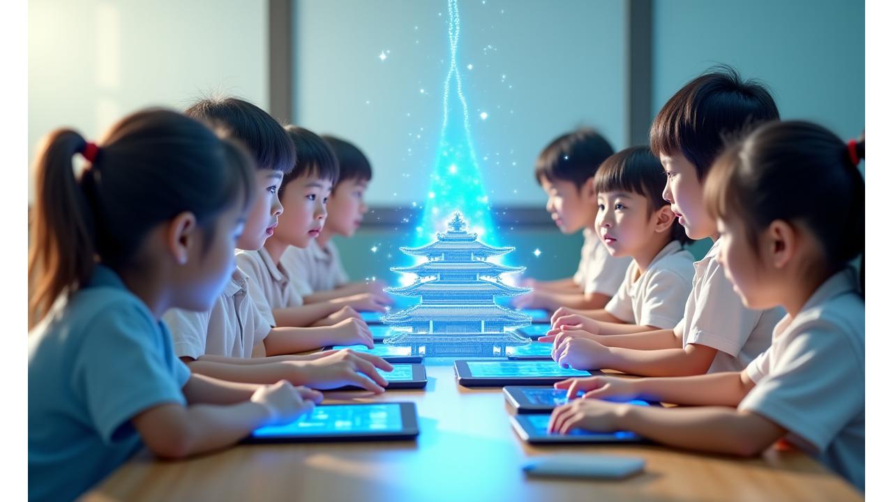 Students actively engaged with AR content springing from digital textbooks, showcasing a dynamic, interactive learning environment in a modern Korean classroom